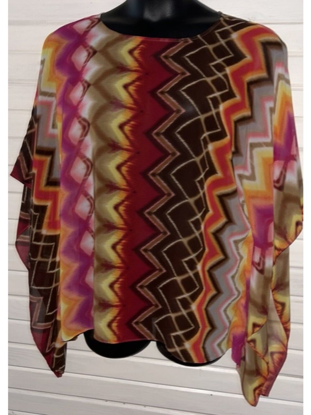 Susan Graver Sz 1X PLUS Pink Red Chevron Poly Chiffon Scarf Print Top Tunic EUC